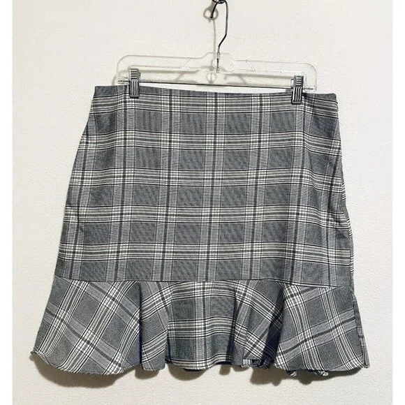 LOFT Skirt Womens 12 Gray Plaid Ruffle Hem Mini Academia Preppy Normcore Boho - Picture 2 of 8